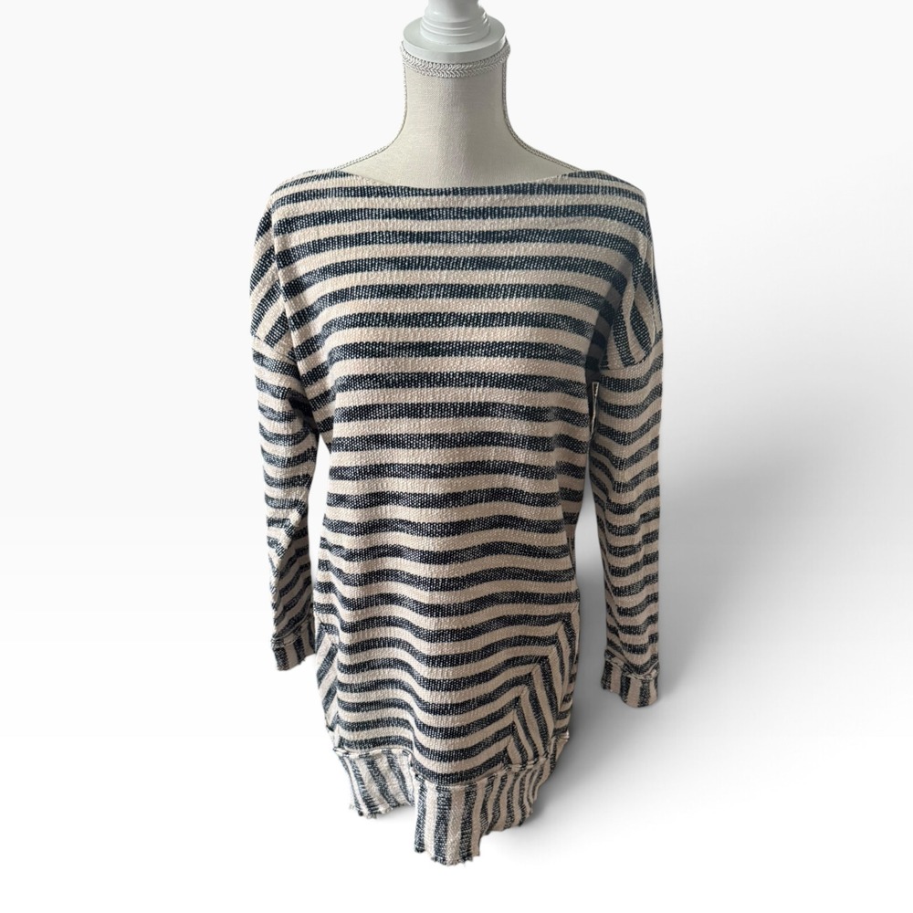Soft Surroundings Stripe Cotton Knit Boat Neck Sweater Tunic Cream Black Size L